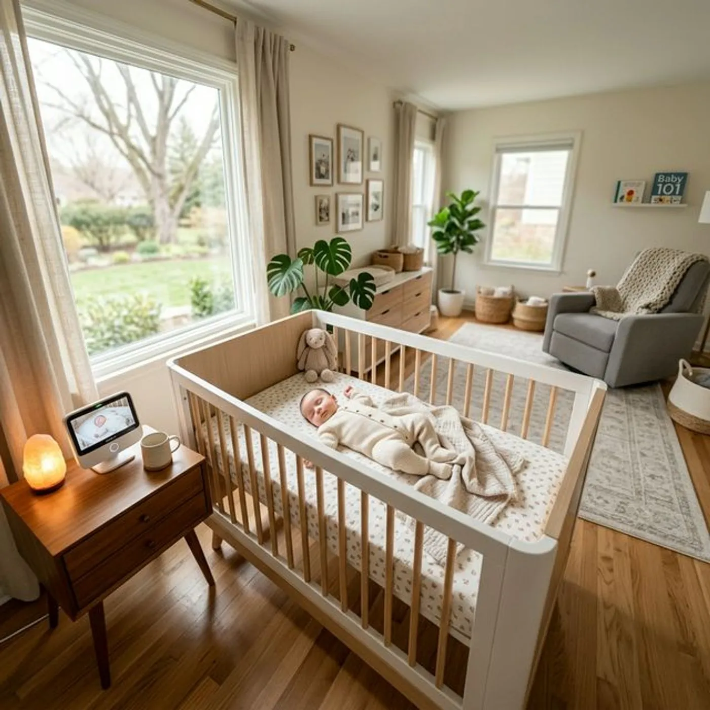 Vauva nukkuu rauhallisesti pinnasängyssä itkuhälyttimen valvomana — turvallinen ja lämmin lastenhuone