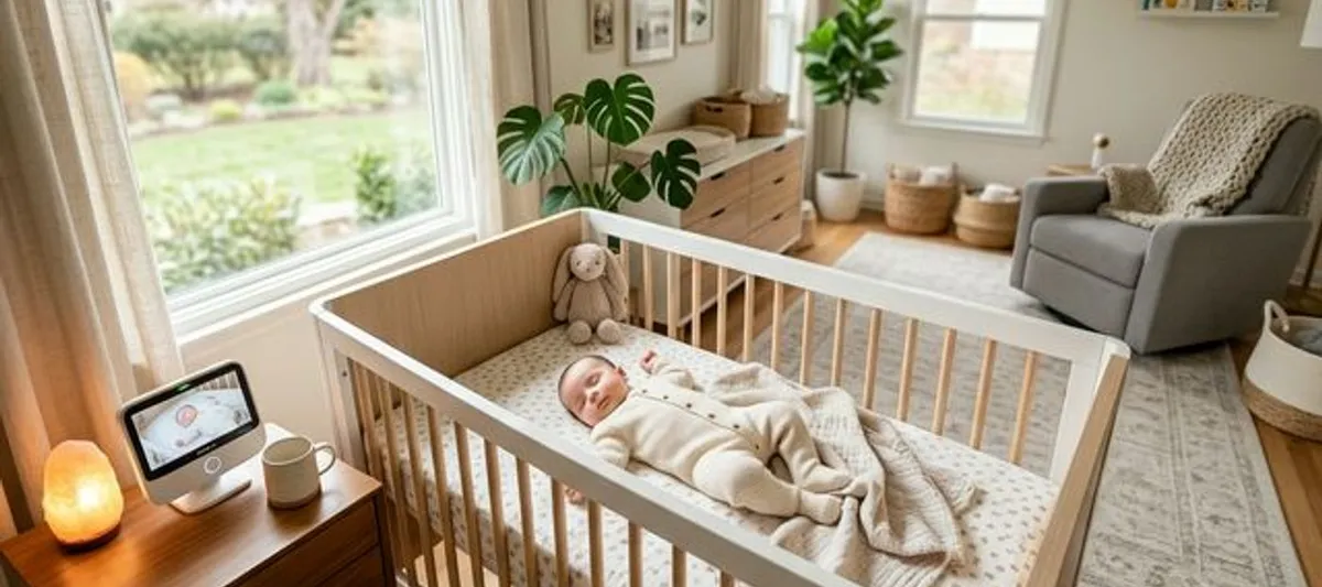 Vauva nukkuu rauhallisesti pinnasängyssä itkuhälyttimen valvomana — turvallinen ja lämmin lastenhuone