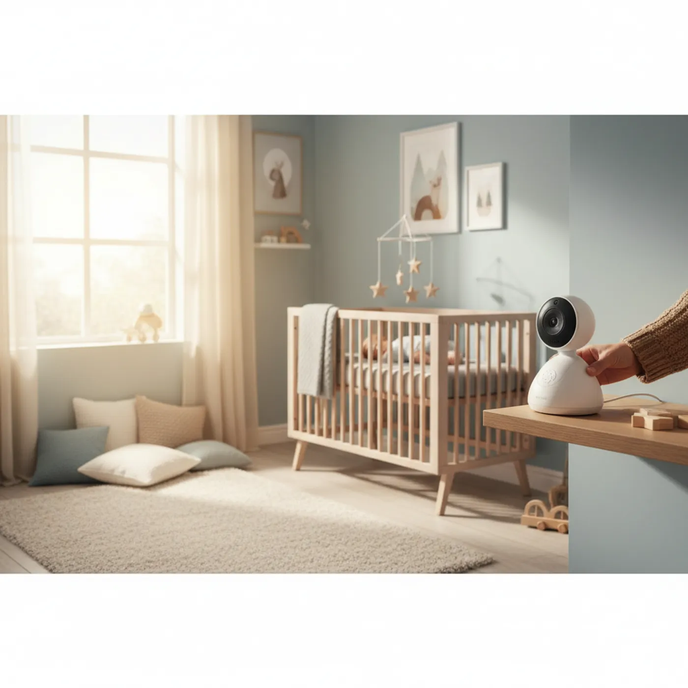 Itkuhälyttimen käyttö — vanhempi asettaa laitteen vauvan huoneeseen