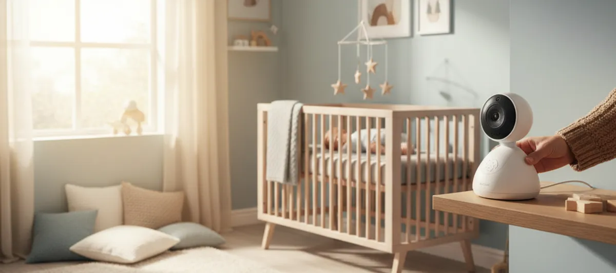 Itkuhälyttimen käyttö — vanhempi asettaa laitteen vauvan huoneeseen