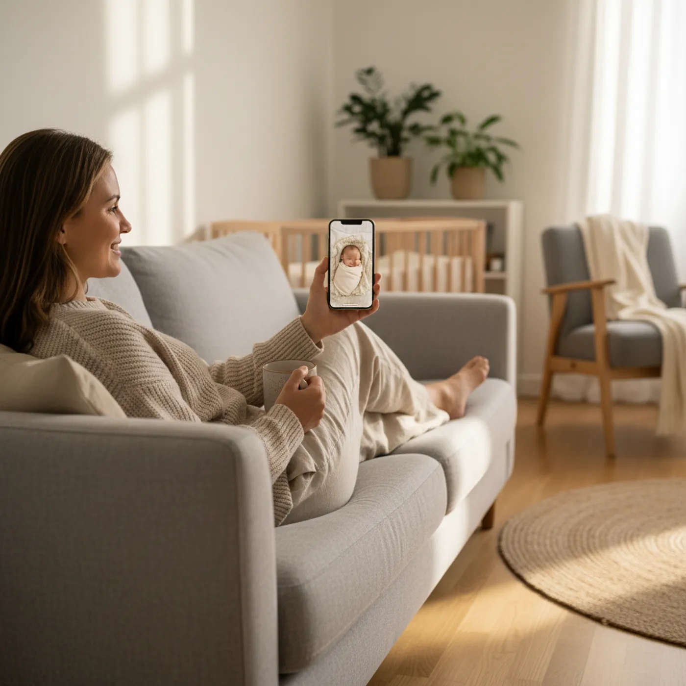 Äiti seuraa itkuhälytintä puhelimesta — turvallinen arki