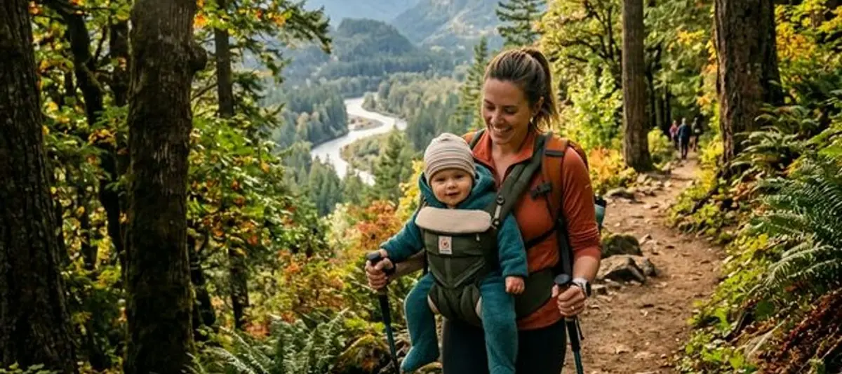Vanhempi kantaa vauvaa ergonomisessa kantorepussa luonnon keskellä — turvallinen ja lämmin läheisyys