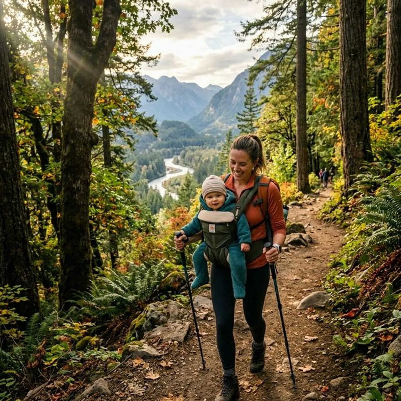 Vanhempi kantaa vauvaa ergonomisessa kantorepussa luonnon keskellä — turvallinen ja lämmin läheisyys