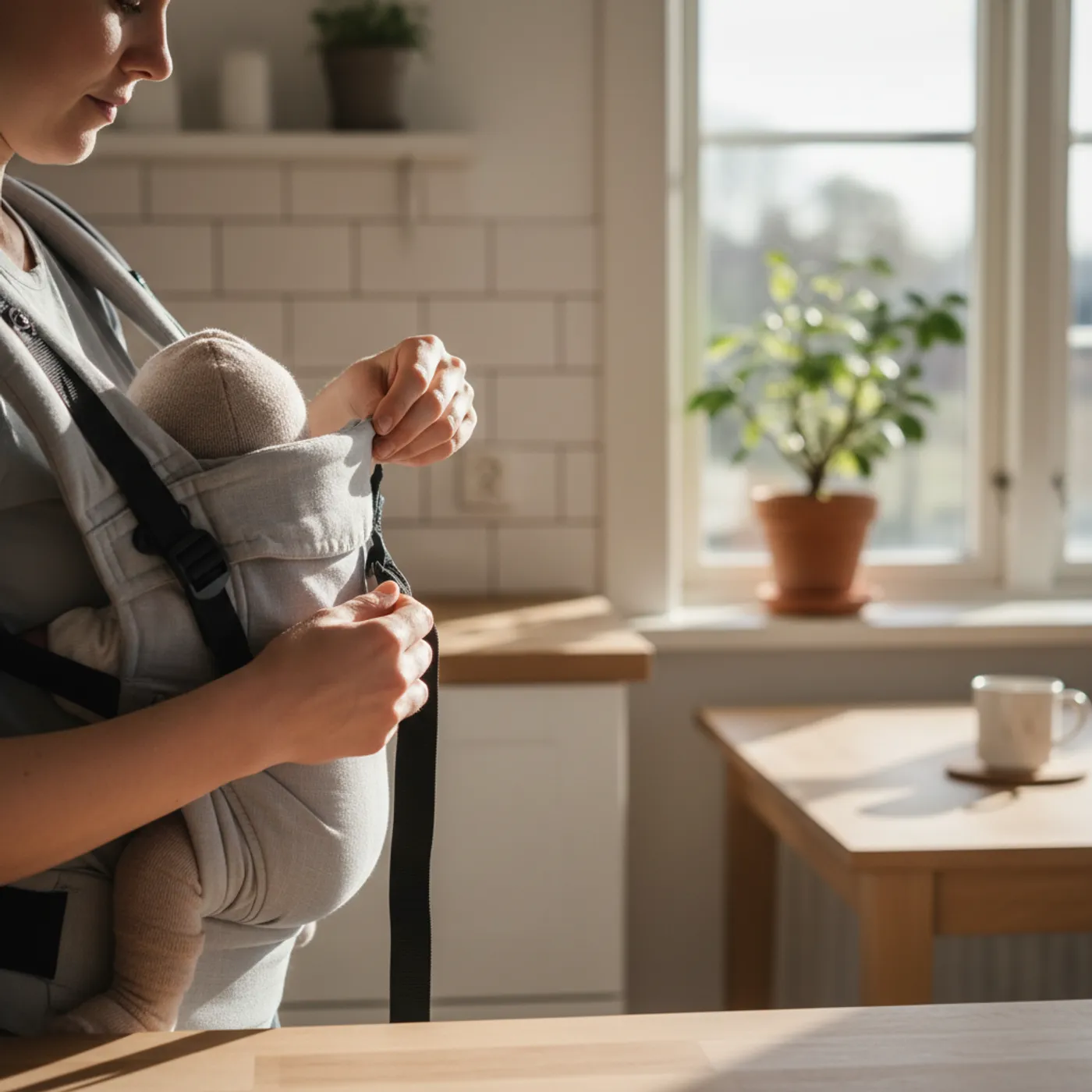 Vanhempi säätää kantorepun turvavyötä — oikea käyttöohje