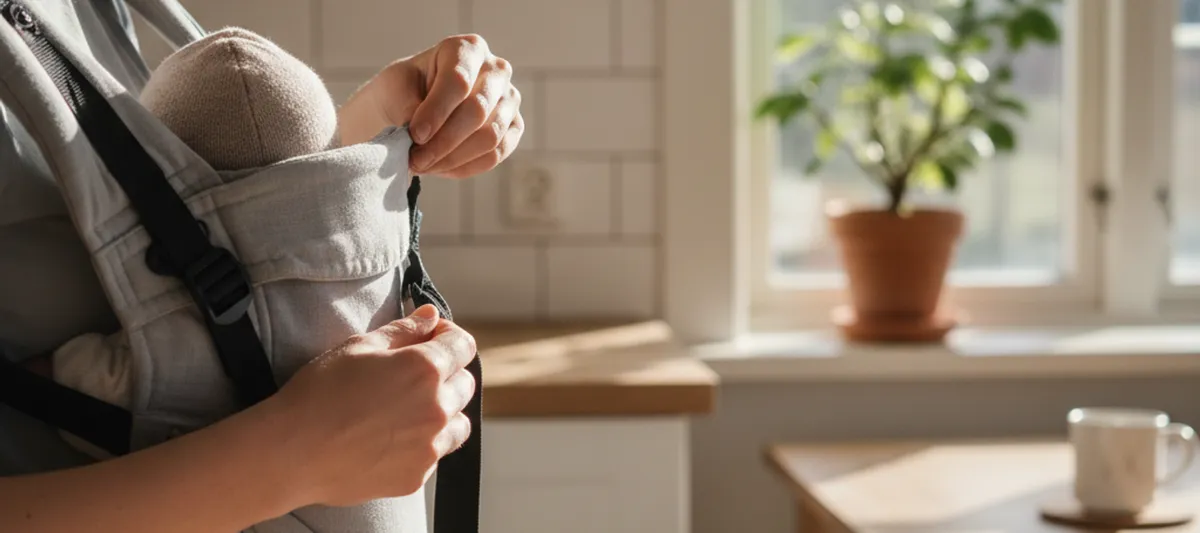 Vanhempi säätää kantorepun turvavyötä — oikea käyttöohje