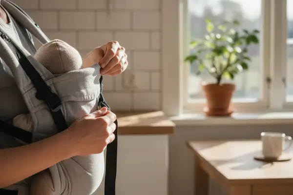 Vanhempi säätää kantorepun turvavyötä — oikea käyttöohje