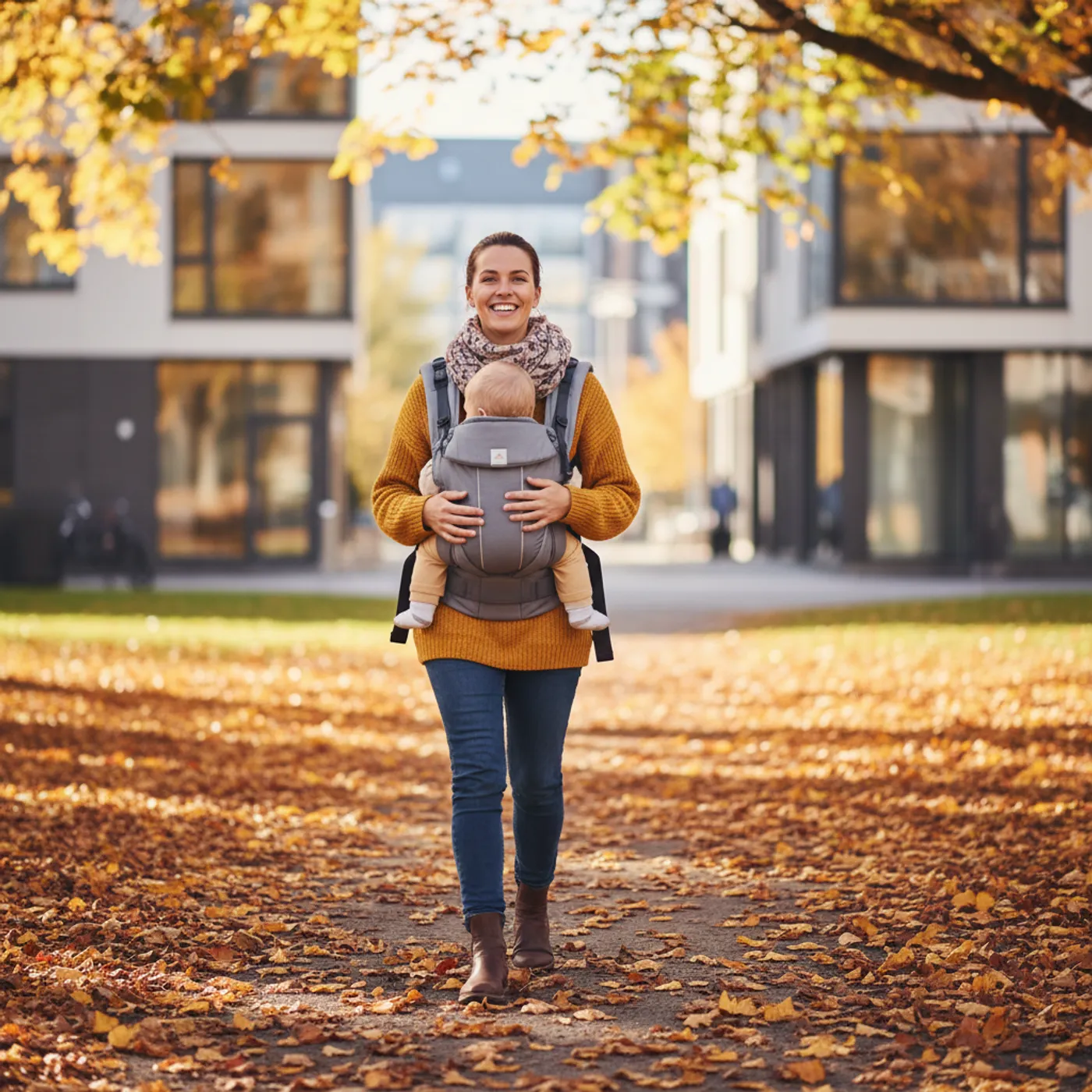Äiti kantaa vauvaa repussa kaupunkipuistossa — kokemuksia kantamisesta