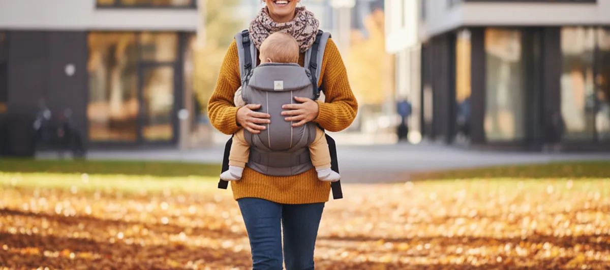 Äiti kantaa vauvaa repussa kaupunkipuistossa — kokemuksia kantamisesta