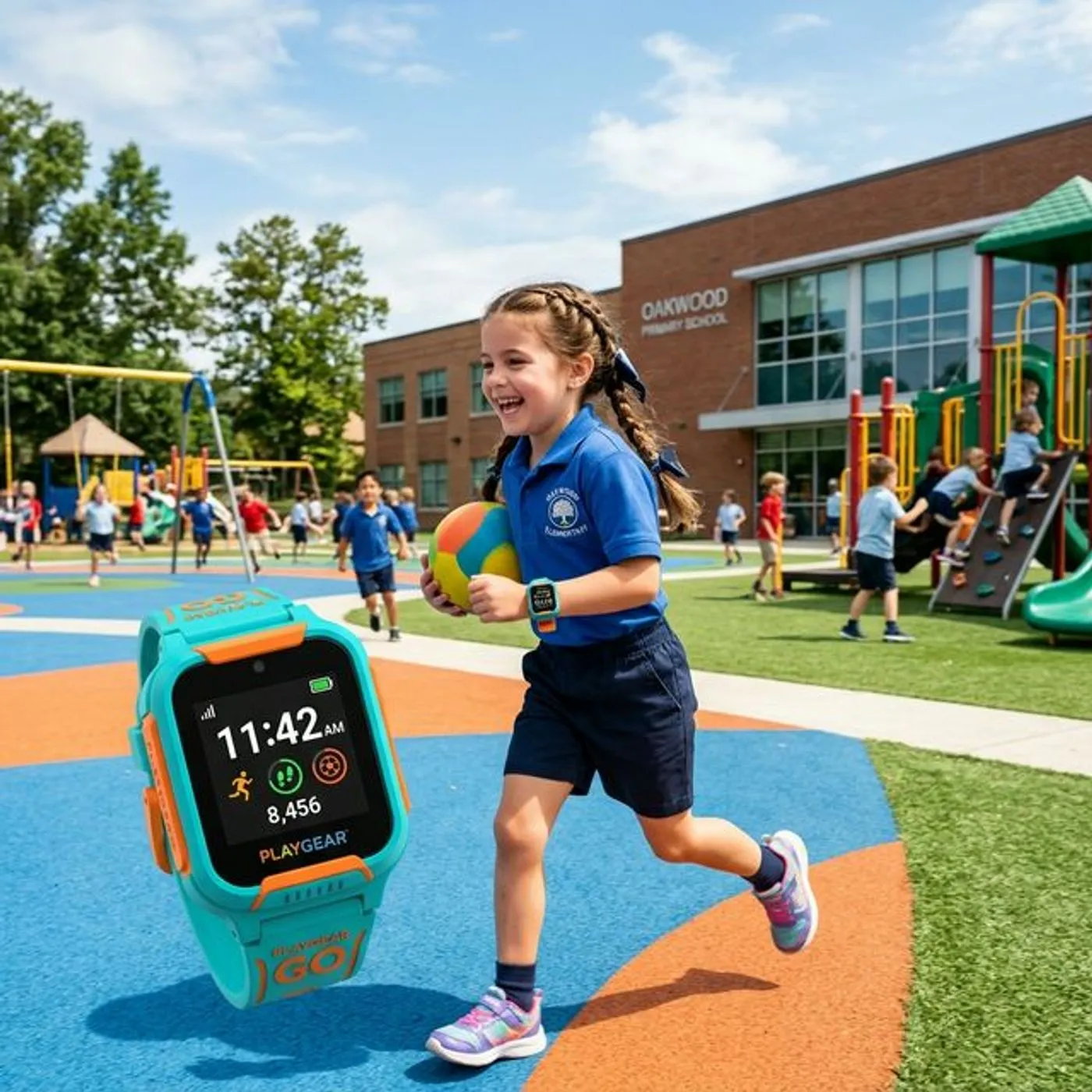 Lapsi tutkii älykelloa ranteessaan puistossa — moderni ja turvallinen lasten teknologia