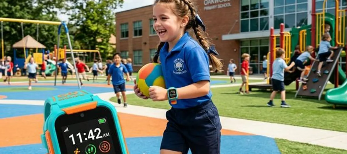 Lapsi tutkii älykelloa ranteessaan puistossa — moderni ja turvallinen lasten teknologia