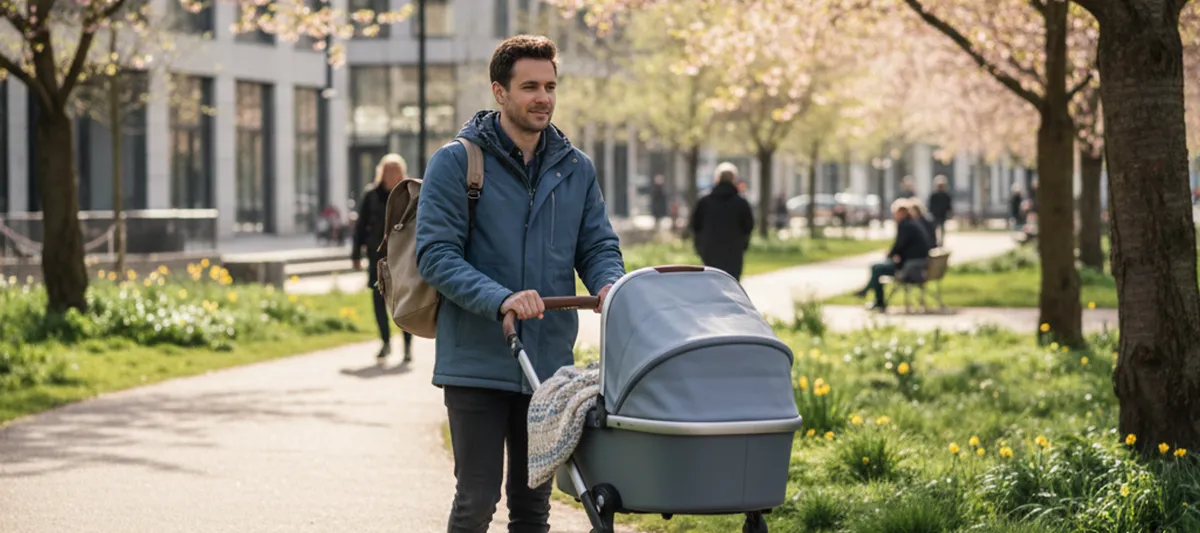 Vanhempi työntää lastenvaunuja kaupunkipuistossa — moderni ja käytännöllinen vauva-arki