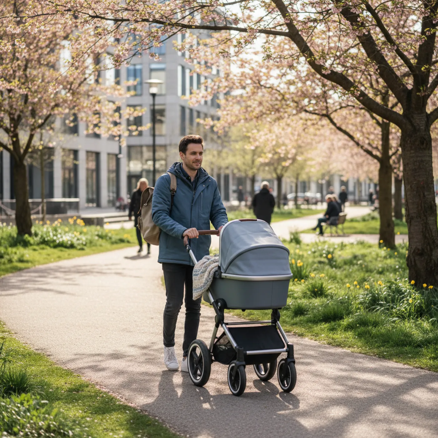 Vanhempi työntää lastenvaunuja kaupunkipuistossa — moderni ja käytännöllinen vauva-arki
