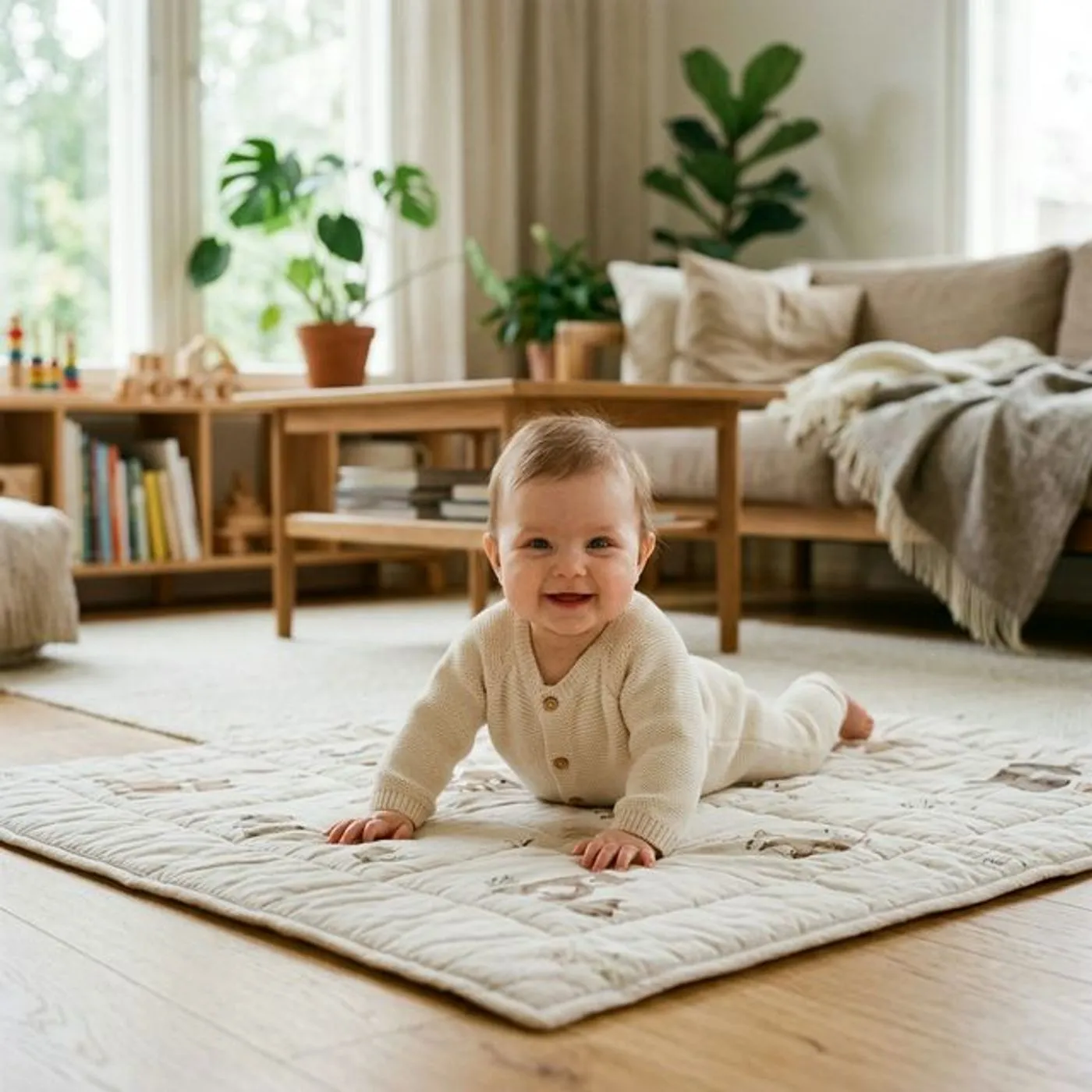 Vauva harjoittelee kääntymistä vatsalta selälleen lattialla