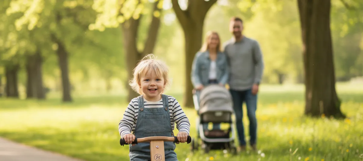 Lapsi ajaa potkupyörällä aurinkoisessa puistossa — värikäs ja iloinen vauva-arki