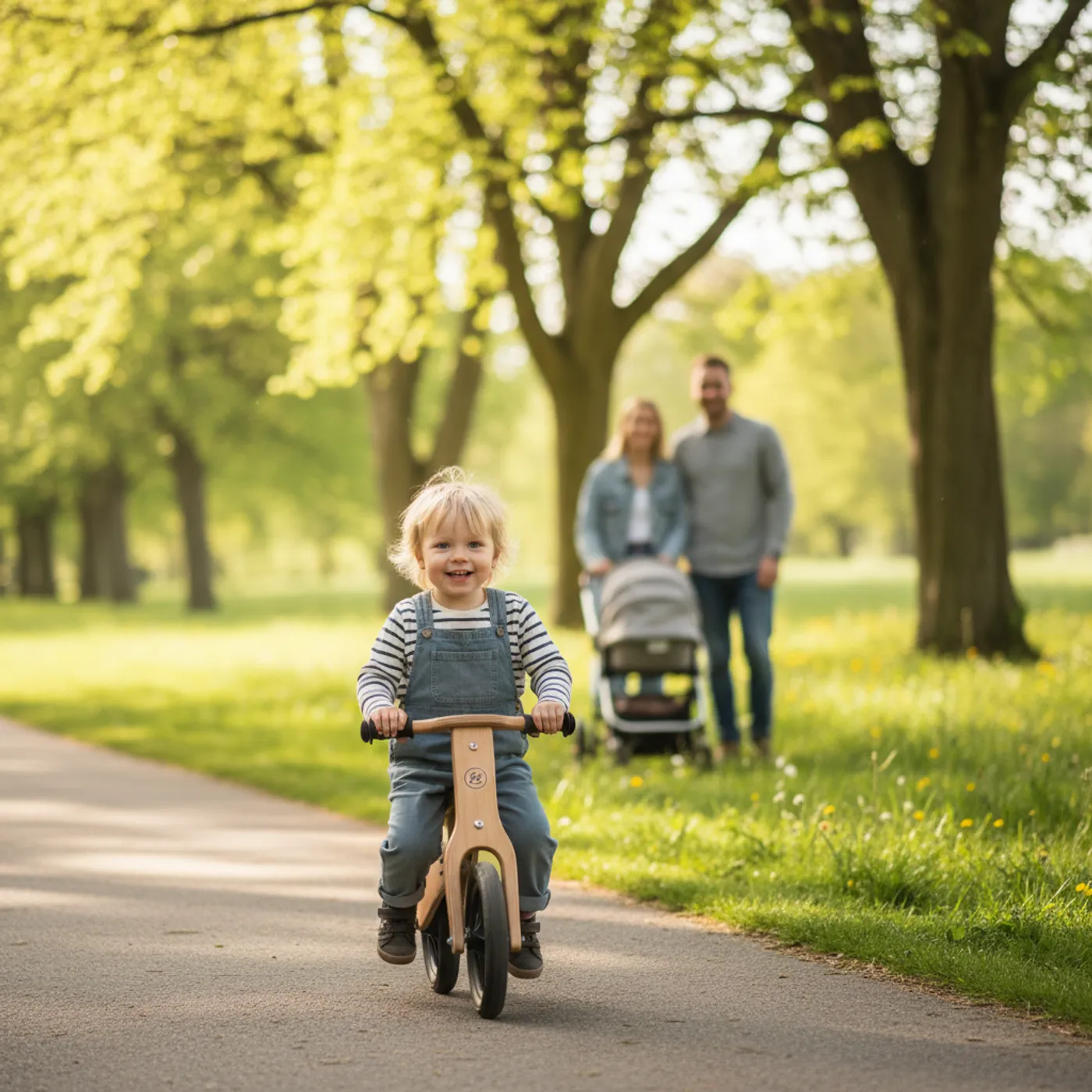 Lapsi ajaa potkupyörällä aurinkoisessa puistossa — värikäs ja iloinen vauva-arki