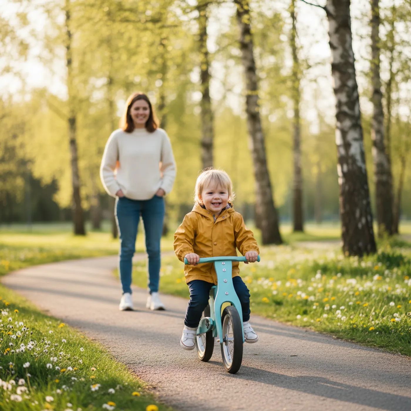 Lapsi ajaa potkupyörällä puistossa — potkupyörä kokemuksia