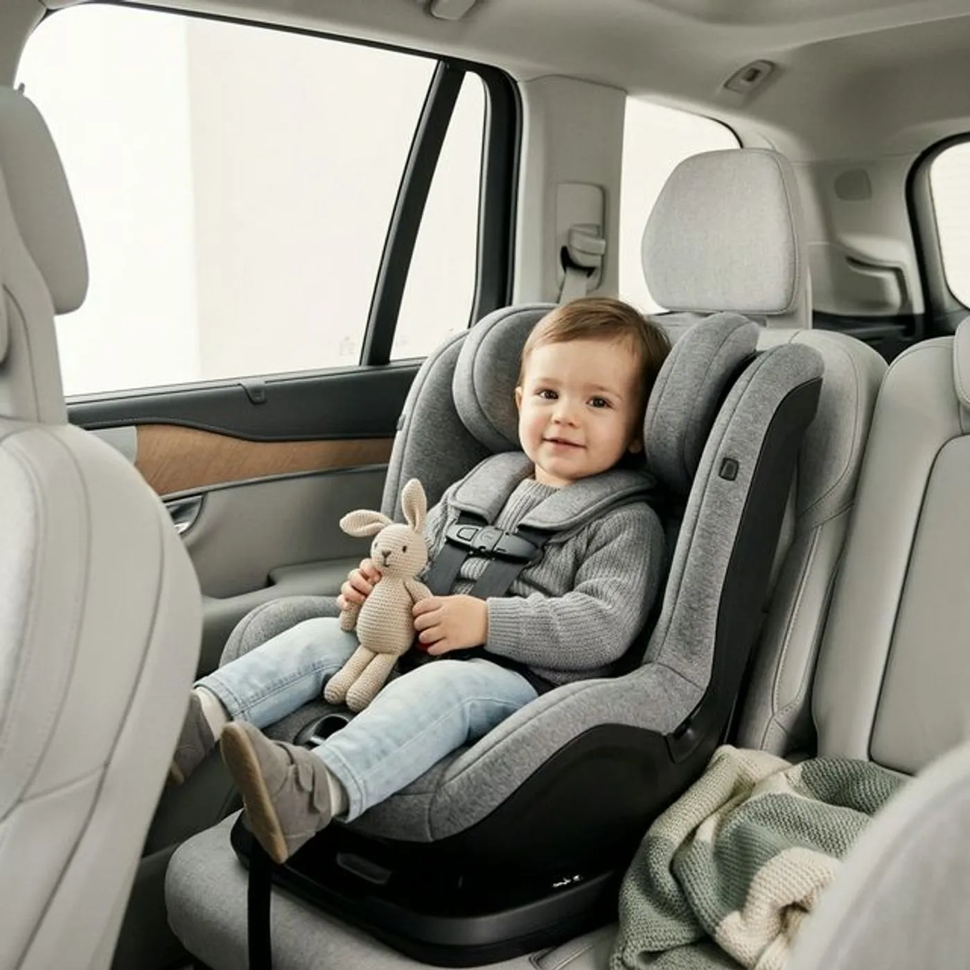 Lapsi kiinnitettynä hyväksyttyyn turvaistuimeen auton takapenkillä