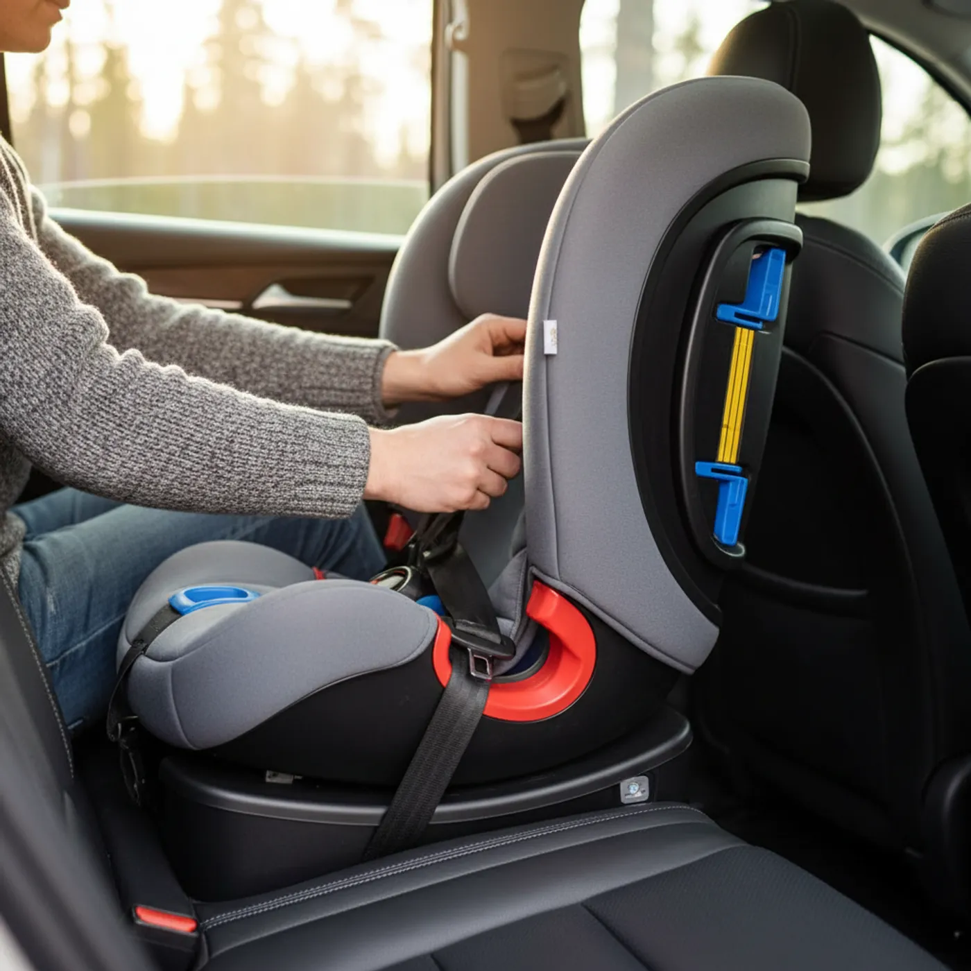 Vanhempi kiinnittää turvaistuimen autoon — oikea asennusohje