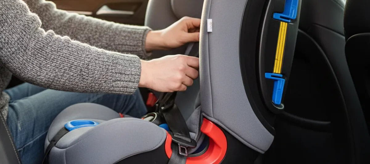 Vanhempi kiinnittää turvaistuimen autoon — oikea asennusohje