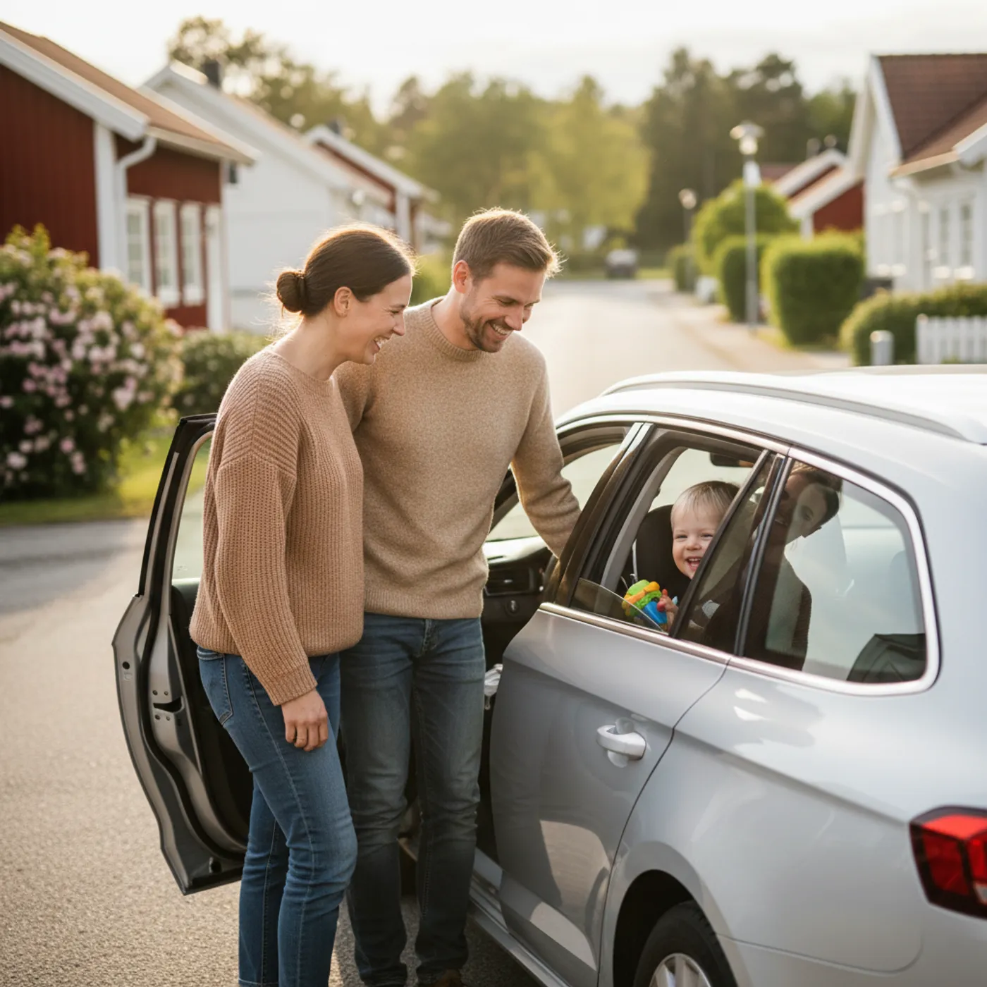 Perhe auton vieressä lapsi turvaistuimessa — turvaistuinkokemuksia