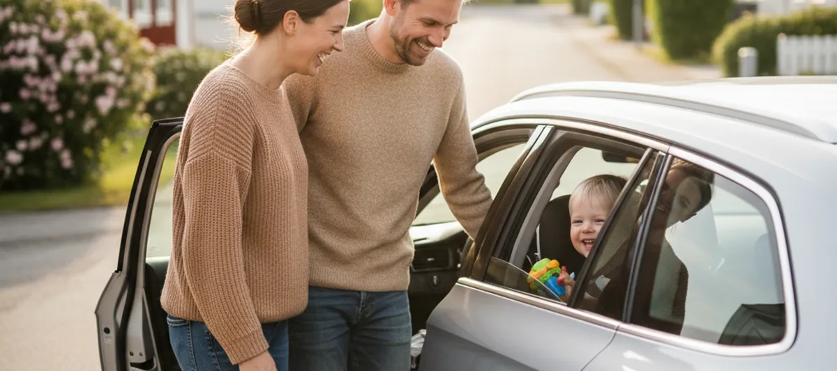 Perhe auton vieressä lapsi turvaistuimessa — turvaistuinkokemuksia